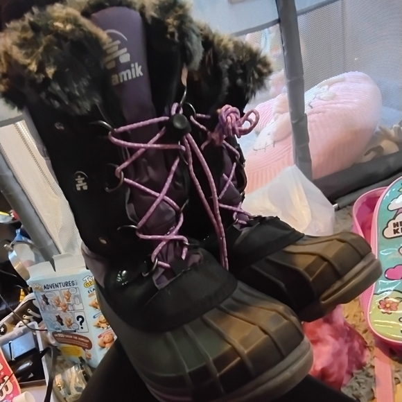 Kamik Kids Fur-Lined Black and Purple Snow Boots - Picture 2 of 6